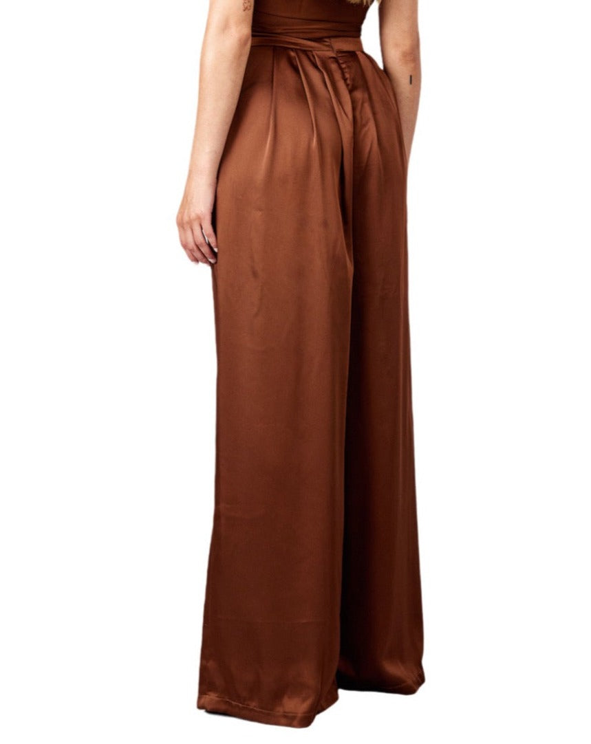 MARRON SATIN WIDE LEG TROUSERS .