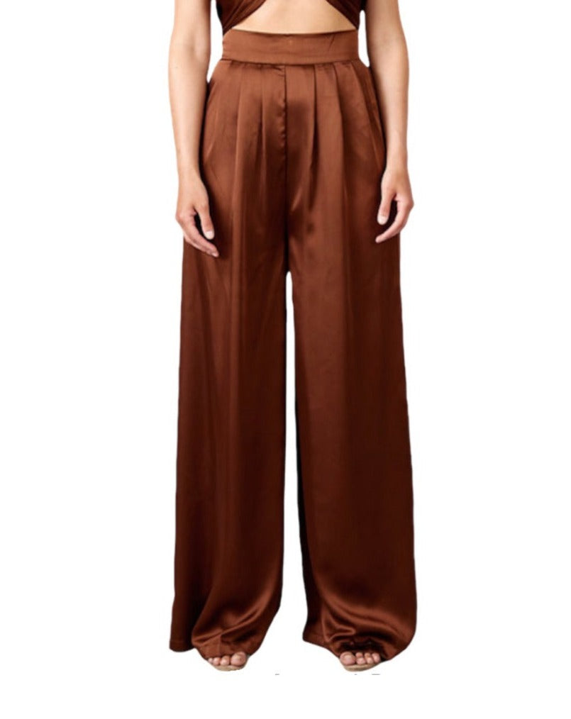 MARRON SATIN WIDE LEG TROUSERS .