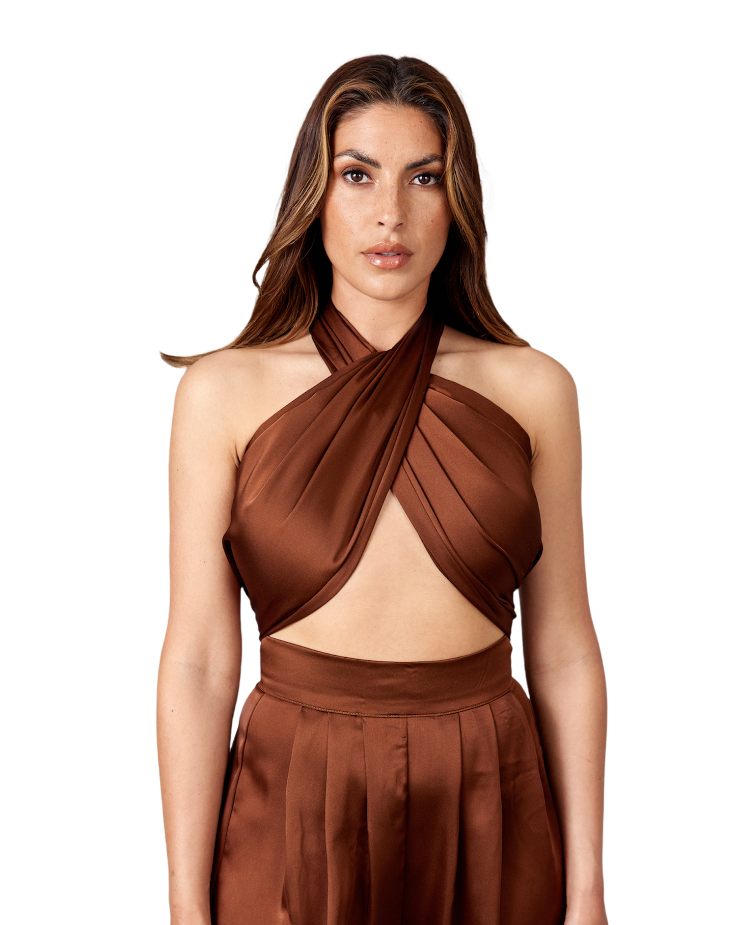 MARRON SATIN SCARF TOP .