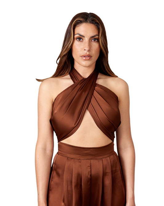 MARRON SATIN SCARF TOP .